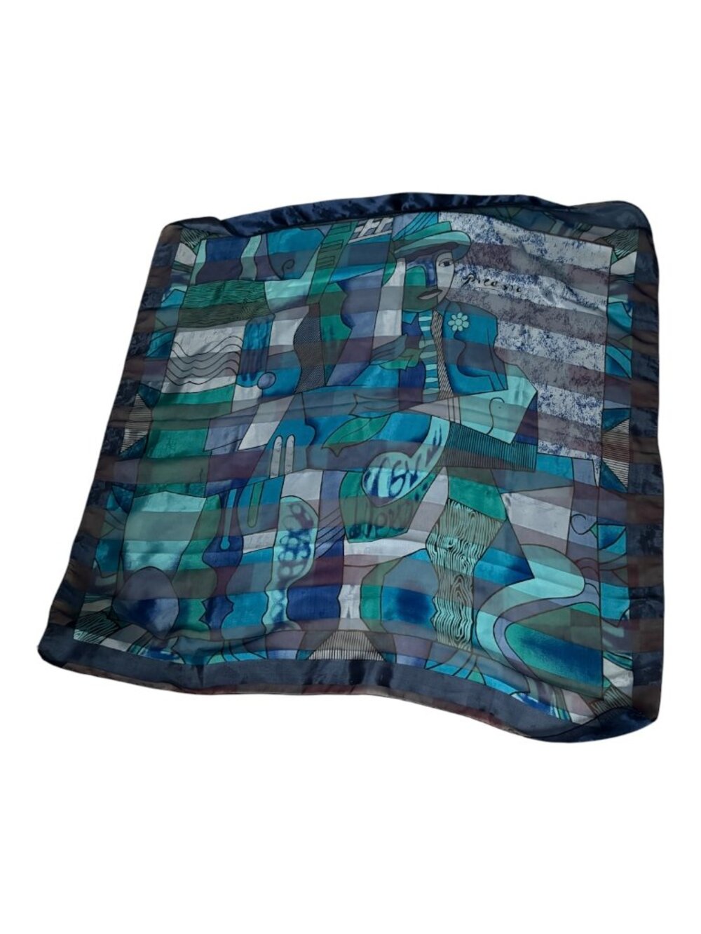 Picasso RARE Vintage Cubism Sheer Striped Blue Color Luxurious Satin Scarf!